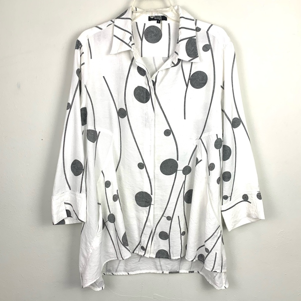 Lior Paris Women L Tunic Button Up Pockets White Black Lagenlook Travel Artsy